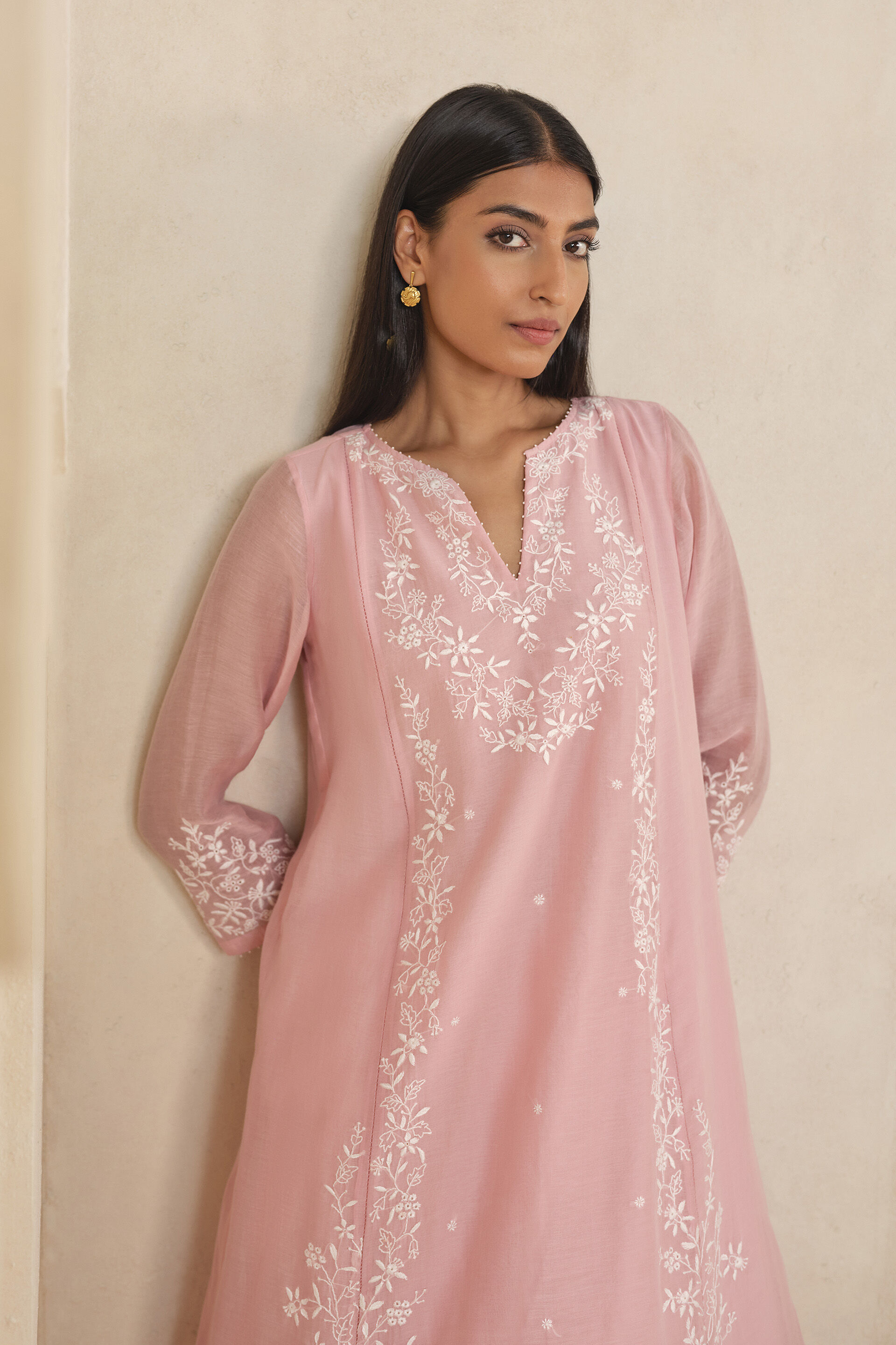 Haiku Chikankari Hand-embroidered Mul Kurta Set - Pink, Pink, image 4